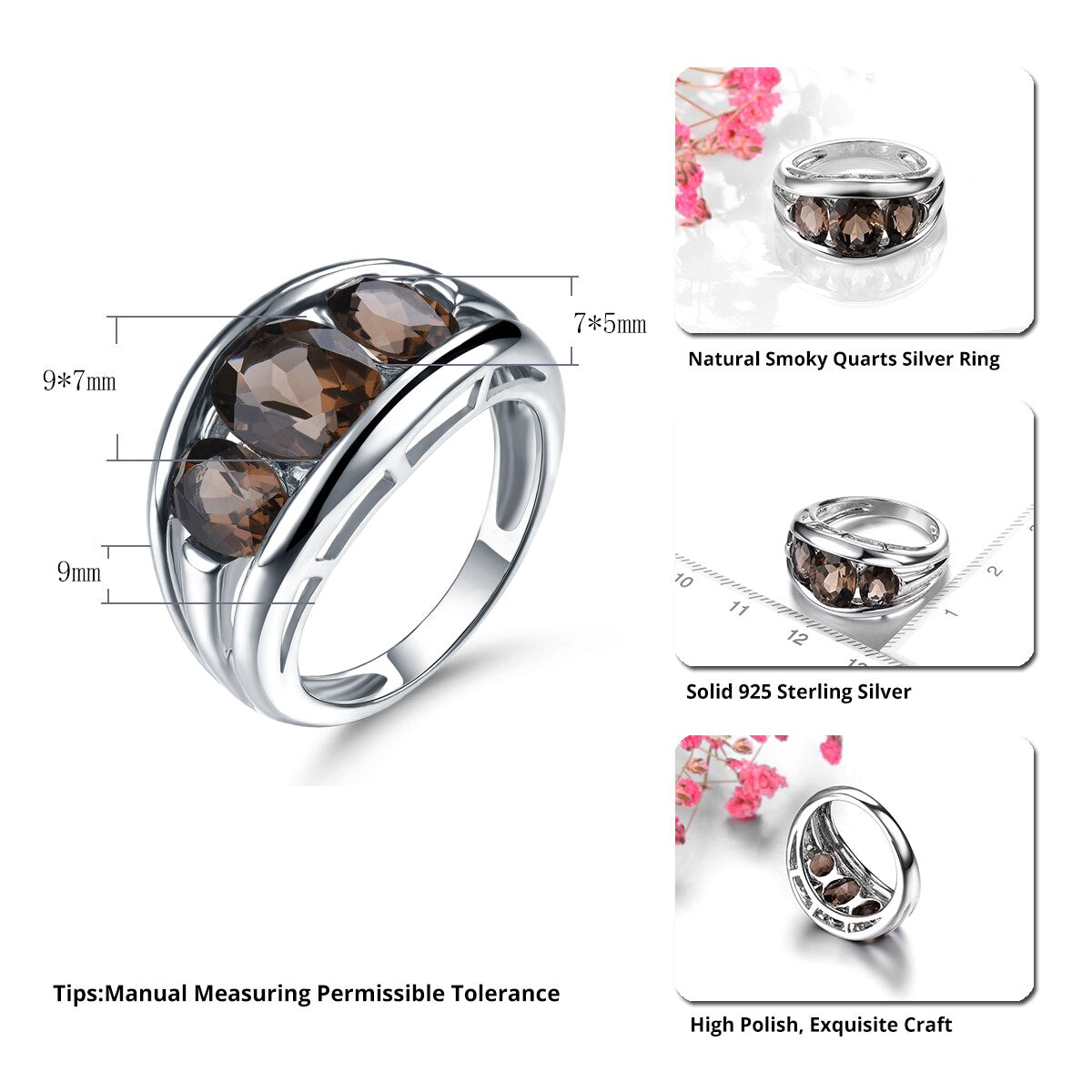 Natural Smoky Quarts Sterling Silver Rings 3 Carats Genuine Gemstone Brown Color Classic Style Women S925 Jewelrys Birthday