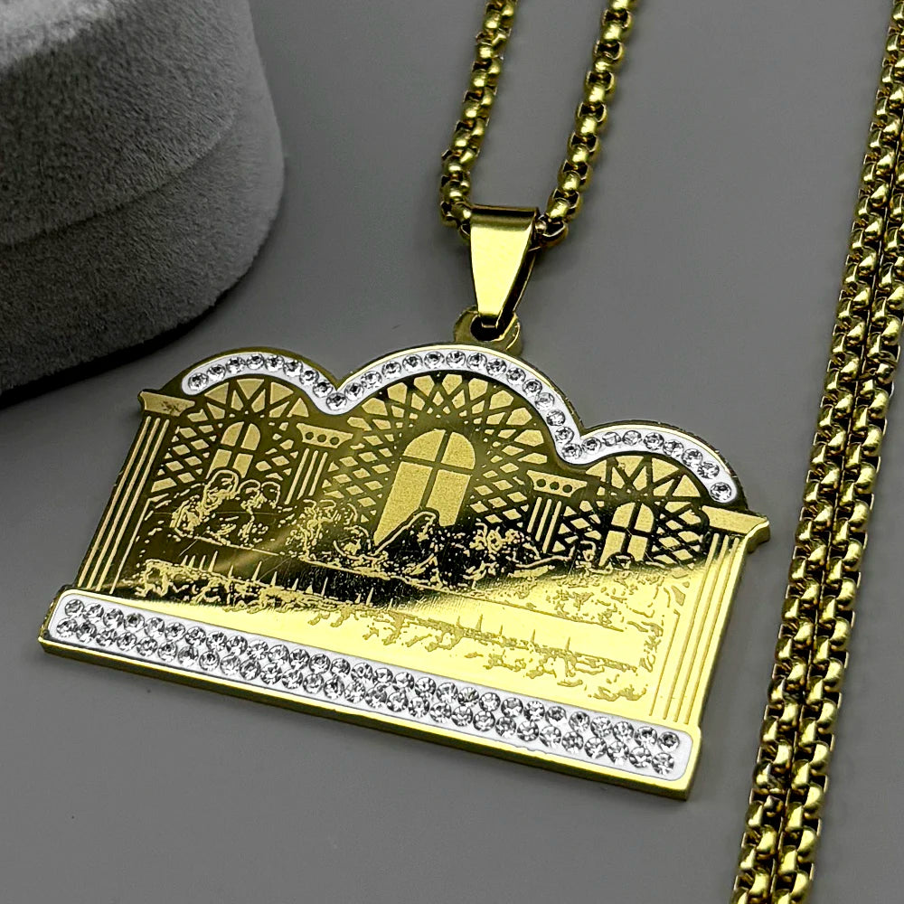 Thirteen Apostles Of Judaism Rhinestones Pendant Necklace Women Men Stainless Steel Gold Color The Last Supper Chain Jewelry