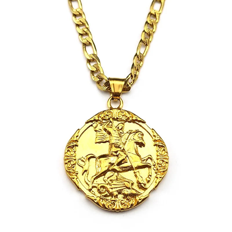 Saint George PROTECT US Christian Stainless Steel Pendant Necklace for Women Men Gold Color St. George Necklace Chain Jewelry