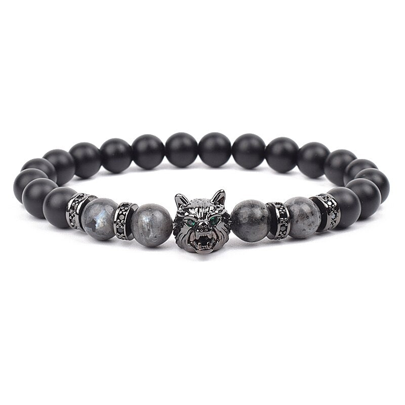 Wolf Charm Bracelets Men Natural Black Agates Onyx Stone Bracelet Brave Blue Tiger Eye Elastic 8 mm Beads Jewelry Beaded Pulsera Labradorite