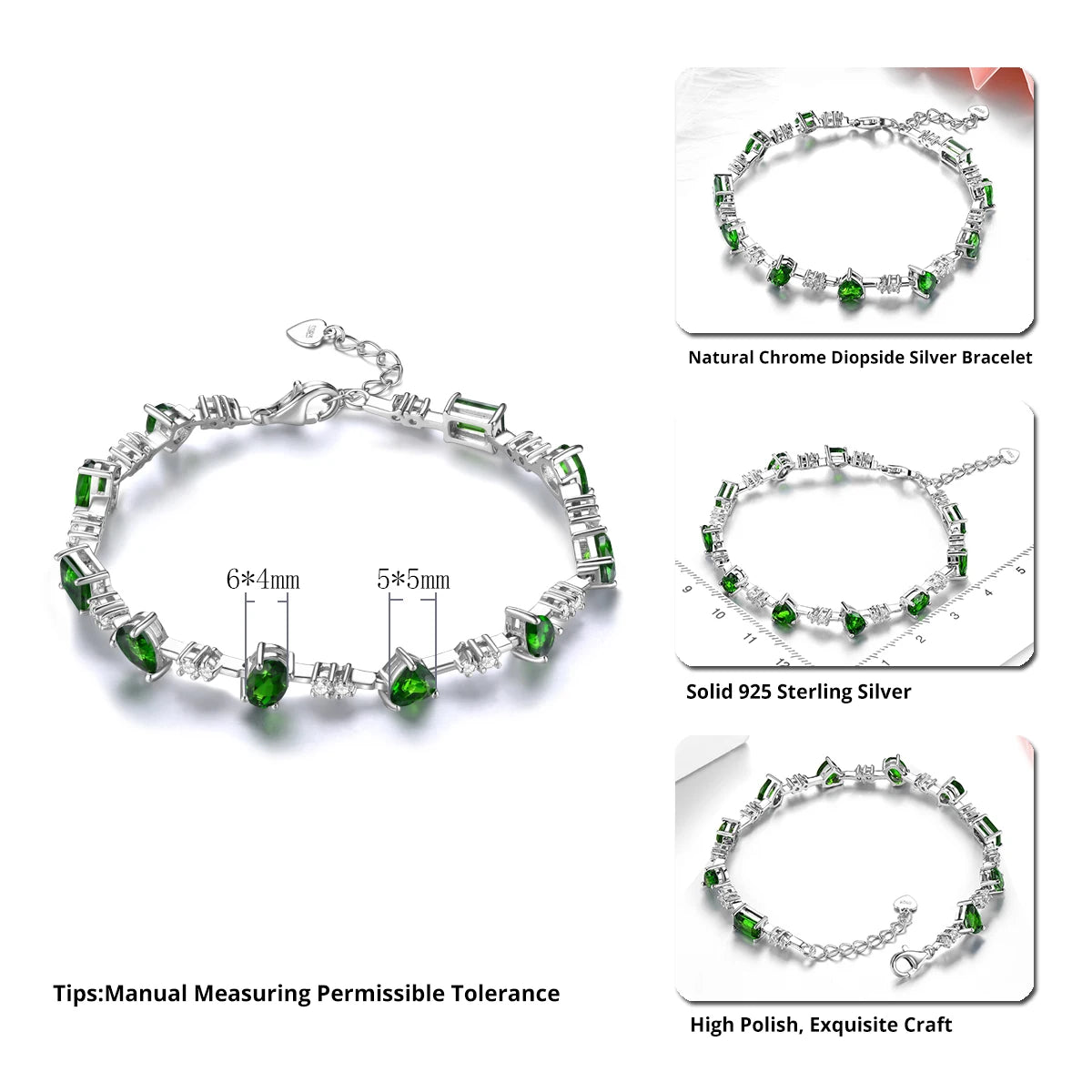 Natural Chrome Diopside Sterling Silver Bracelet 5.2 Carats Genuine Gemstone Women Classic Simple Design S925 Jewelrys Gifts