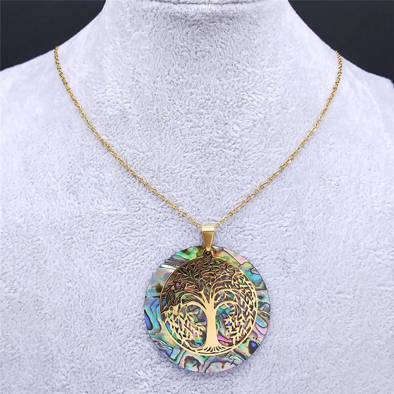 Tree of Life Stainless Steel Abalone Shell Natural Necklace Chain Gold Color Necklaces Mother Pearl Shell Boho Jewelry Collar NX