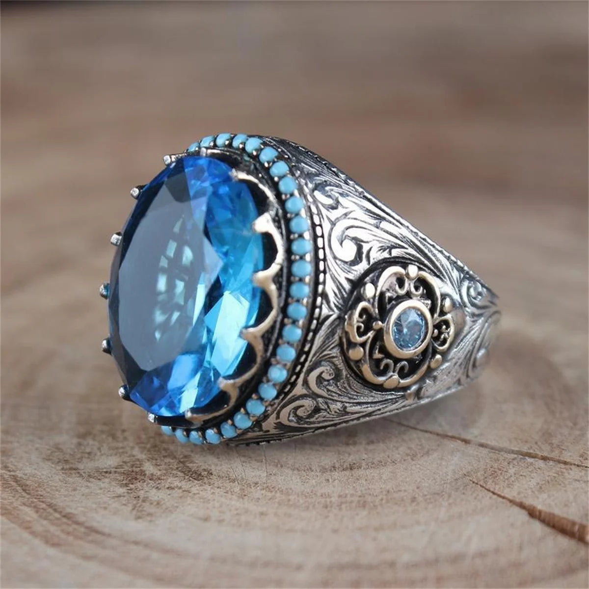 Retro Handmade Turkish Signet Ring For Men Women Ancient Silver Color Carved Eagle Ring Green Zircon Inlay Punk Motor Biker Ring