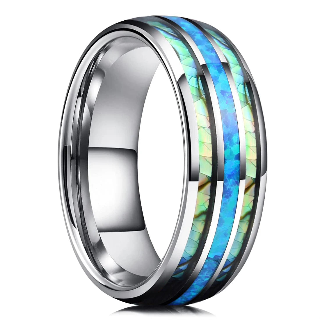 Fashion 8MM Rose Gold Color Stainless Steel Rings For Men Women Colorful Abalone Shell  Inlaid Men Rings Wedding Party Jewelry