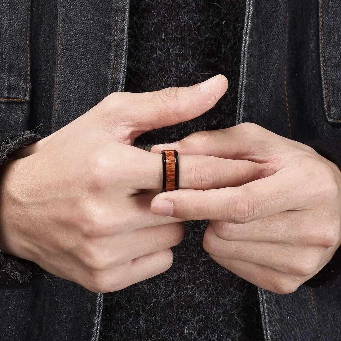 Fashion 8mm Men Black Titanium Wedding Rings Koa Wood Inlay Stainless Steel Rings For Men Wedding Band Anniversary Birthday Gift