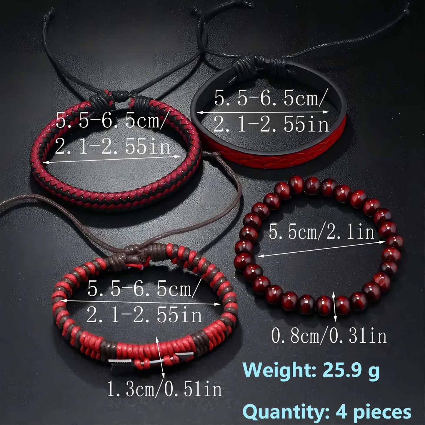 Red Beads Vintage Feather Casual 4 Pc/set Handmade Men Bracelets Male Women Leather Bracelets Men Bangle Wholesale Jewelry Gift
