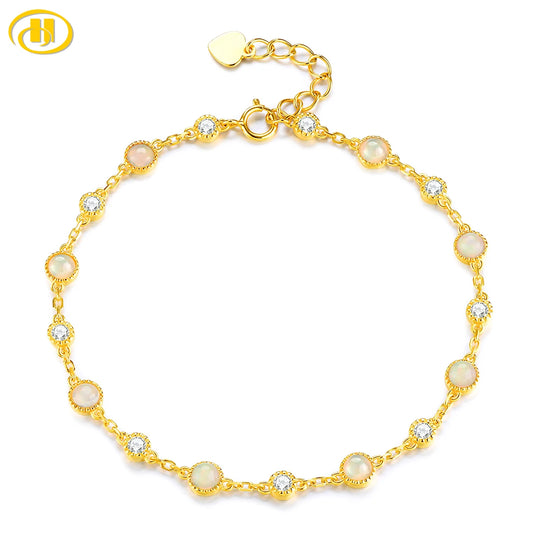 Natural Genuine Opal Sterling Silver Yellow Gold Plated Bracelets 1.2 Carats Cabochon Gemstone Women Classic Luxury Style Gifts 19cm
