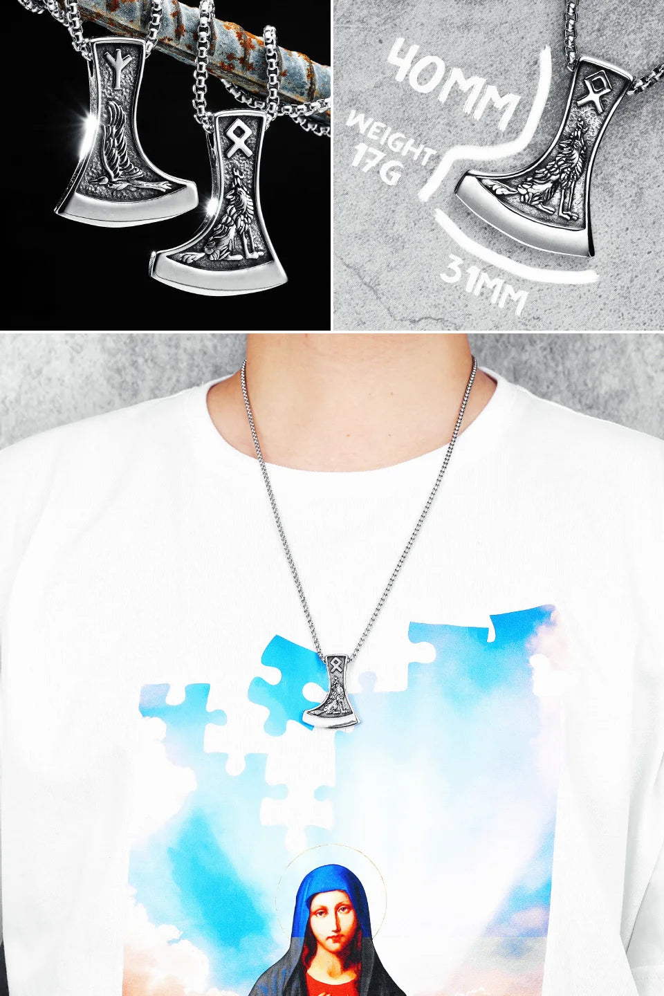 Collar con colgante de acero inoxidable con diseño de armas vikingas para hombre, estilo nórdico, estilo retro rock, punk, rap, para amigos, regalo de joyería masculina.