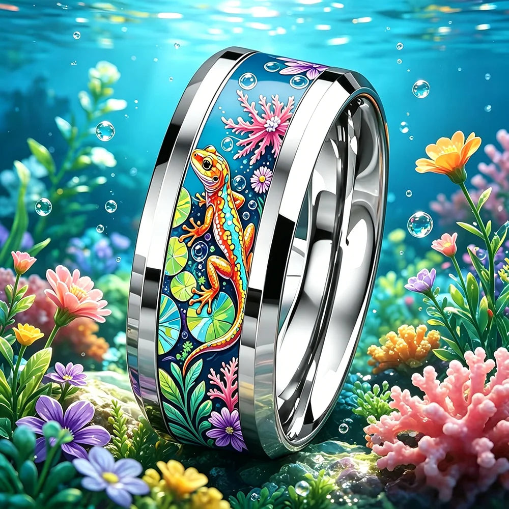 Cute Ocean-Themed 8mm Men Stainless Steel Ring with Dreamy Sea Jellyfish Pattern Inlay Rings for Teenager Wedding Party Jewelry