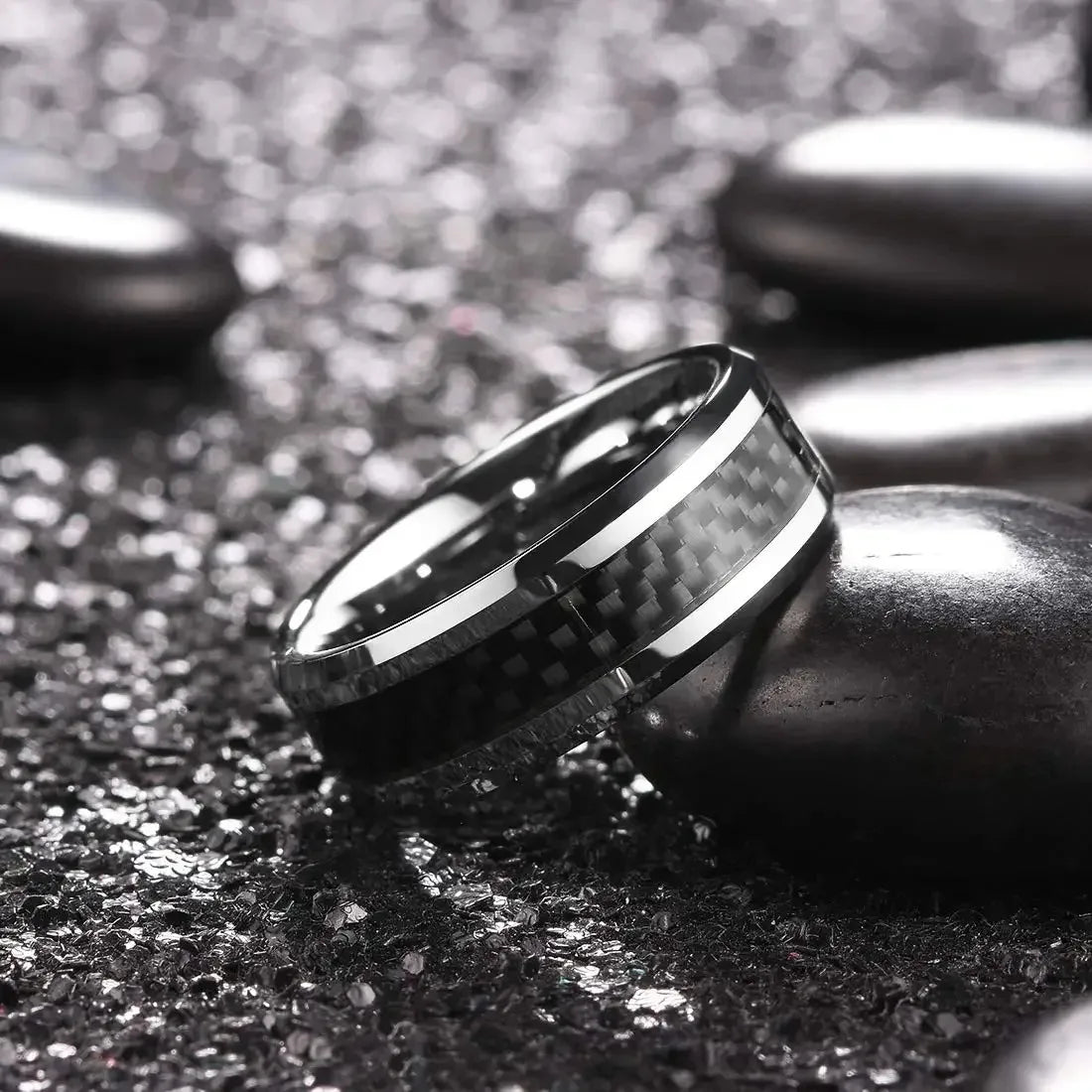 Fashion Silver Color Stainless Steel Rings for Men Black Carbon Fiber Ring Wedding Jewelry Christmas Gift Accessories