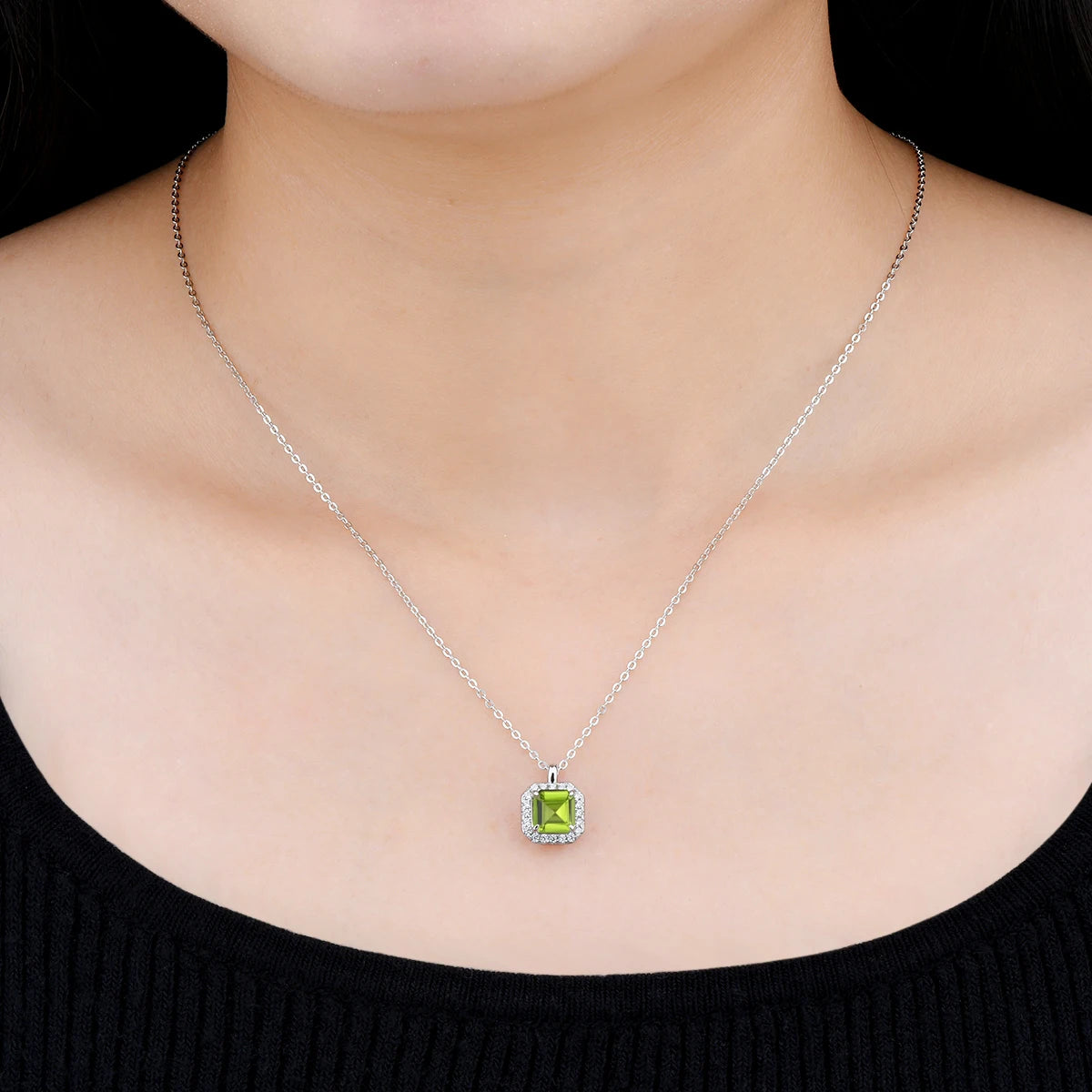 Natural Peridot Sterling Silver Pendants 1.5 Carats Genuine Gemstone Square Faced Cut Women Daily Style S925 Birthday Gifts