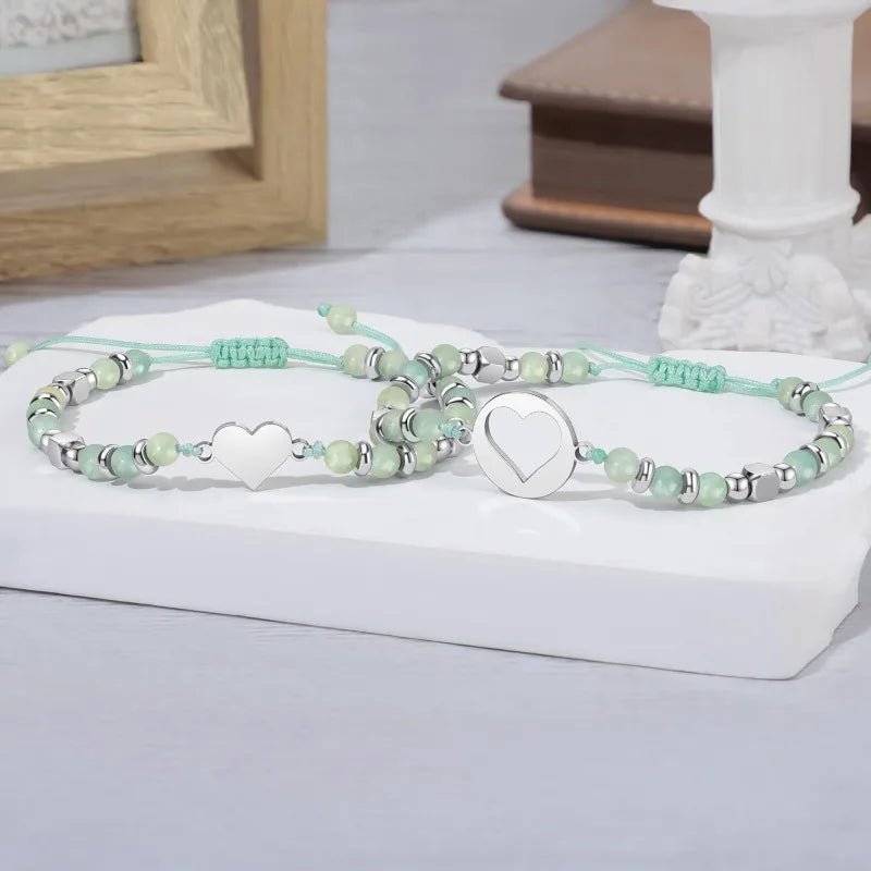 Natural Amazonite Stainless Steel Heart Mother Daughter Bracelets Set Jewelry for Women, Mothers Day Gifts for Mom/Daughter