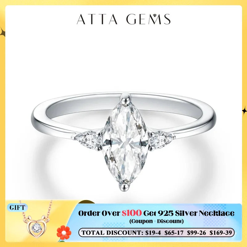 ATTAGEMS 2023 Marquise 1CT Moissanite Ring Real 925 Sterling Silver Rings for Women Men Anniversary Fine Jewelry Wedding Gift