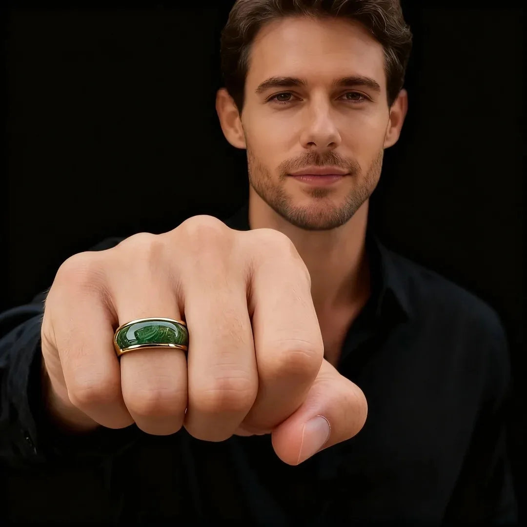 Fashion 8mm Men Stainless Steel Rings, Gold Color Brushed Green Koa Wood Inlay Rings for Men, Wedding Jewelry Christams Gift