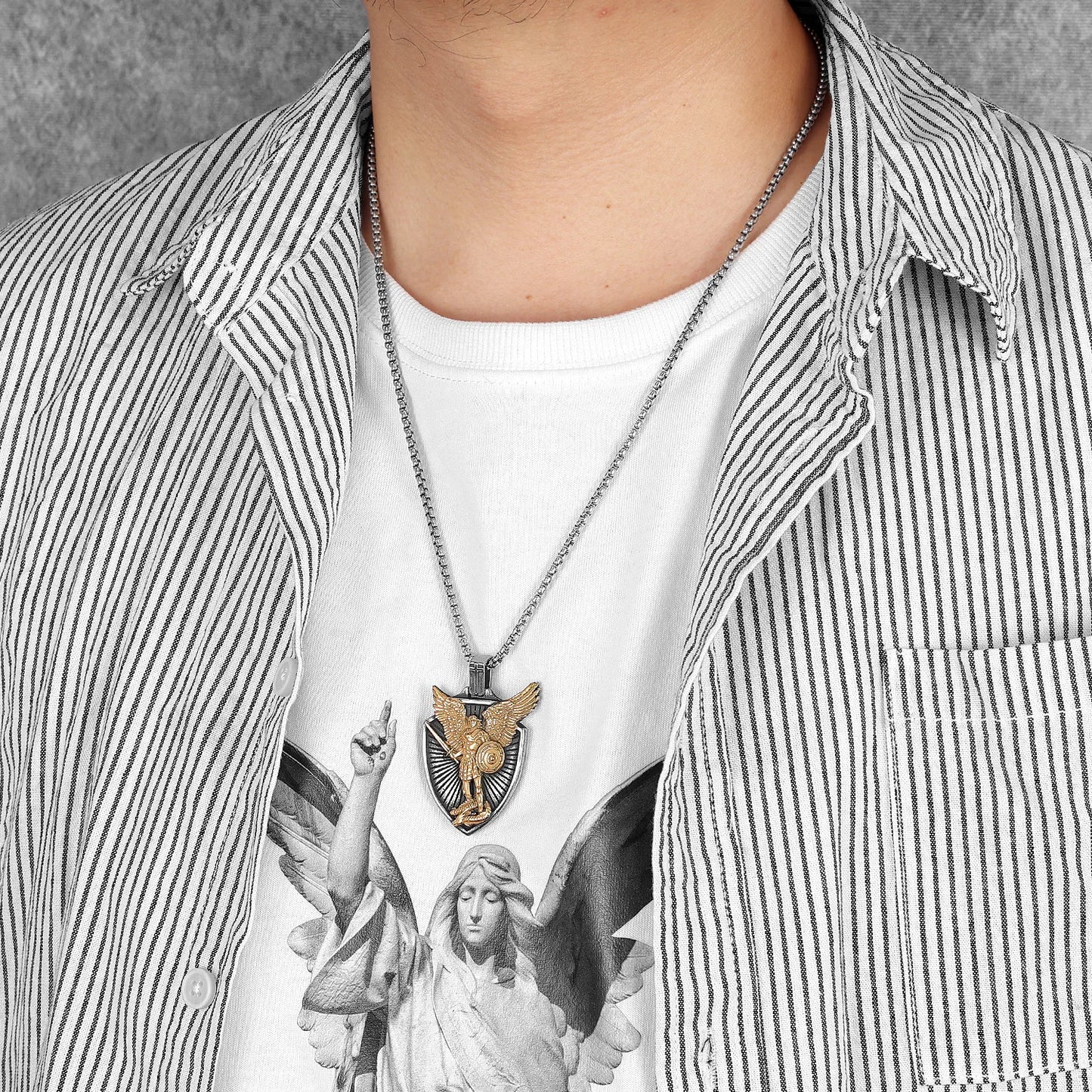 Archangel St.Michael Shield Amulet Exorcism Stainless Steel Men Necklaces Pendant Chain Punk For Women Fashion Jewelry Gifts