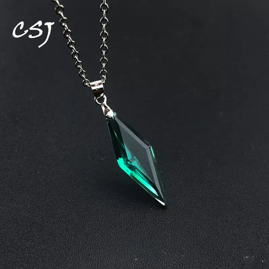 CSJ Trendy Green Quartz Pendant Sterling 925 Silver Amethyst Crystal Necklace for Women Birthday Party Jewelry Gift