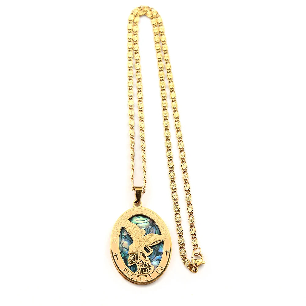 Archangel St.Michael Protect Us Oval Pendant Necklace for Women Men Stainless Steel Christian Saint Michael Chain Jewelry Gift