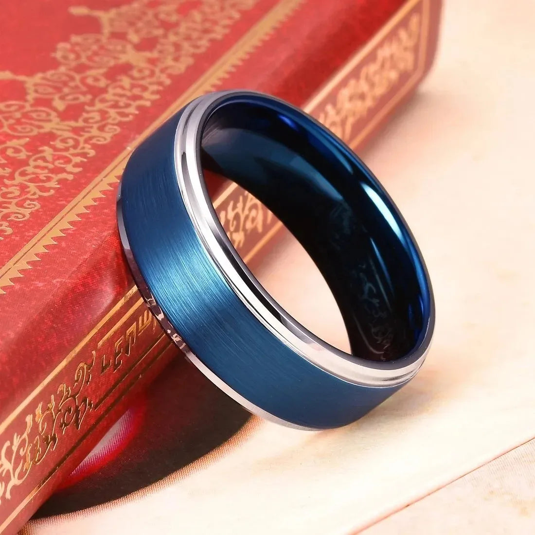 Fashion 8MM Men Stainless Steel Ring Silver Color Step Edge Blue Brushed Engagement Rings For Men Wedding Band Jewelry Wholesale