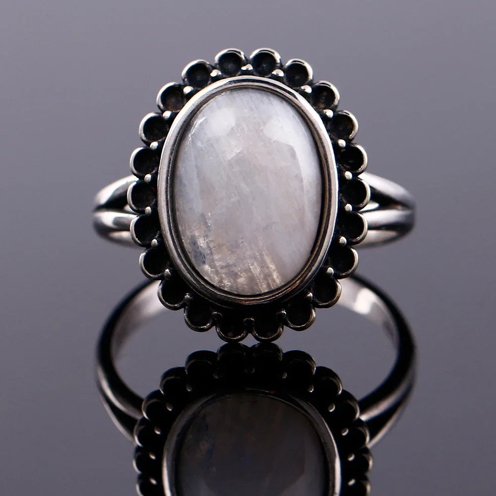 Round Oval Big Natural Moonstones Rings Women's 925 Sterling Silver Rings Gifts Vintage Fine Jewelry R547MS-5