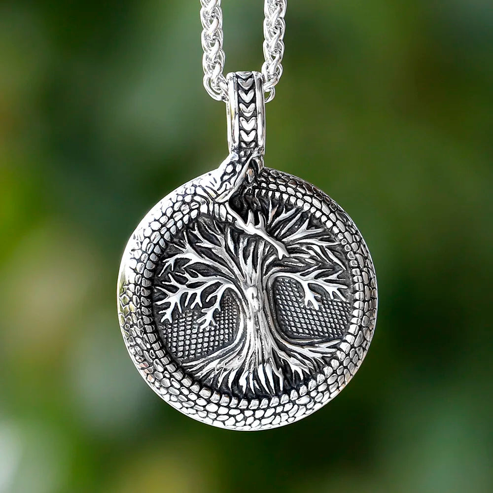 NEW Nordic Yggdrasil Viking Tree of Life Pendant Necklace Stainless Steel Vintage Ouroboros Necklace Men Amulet Jewelry
