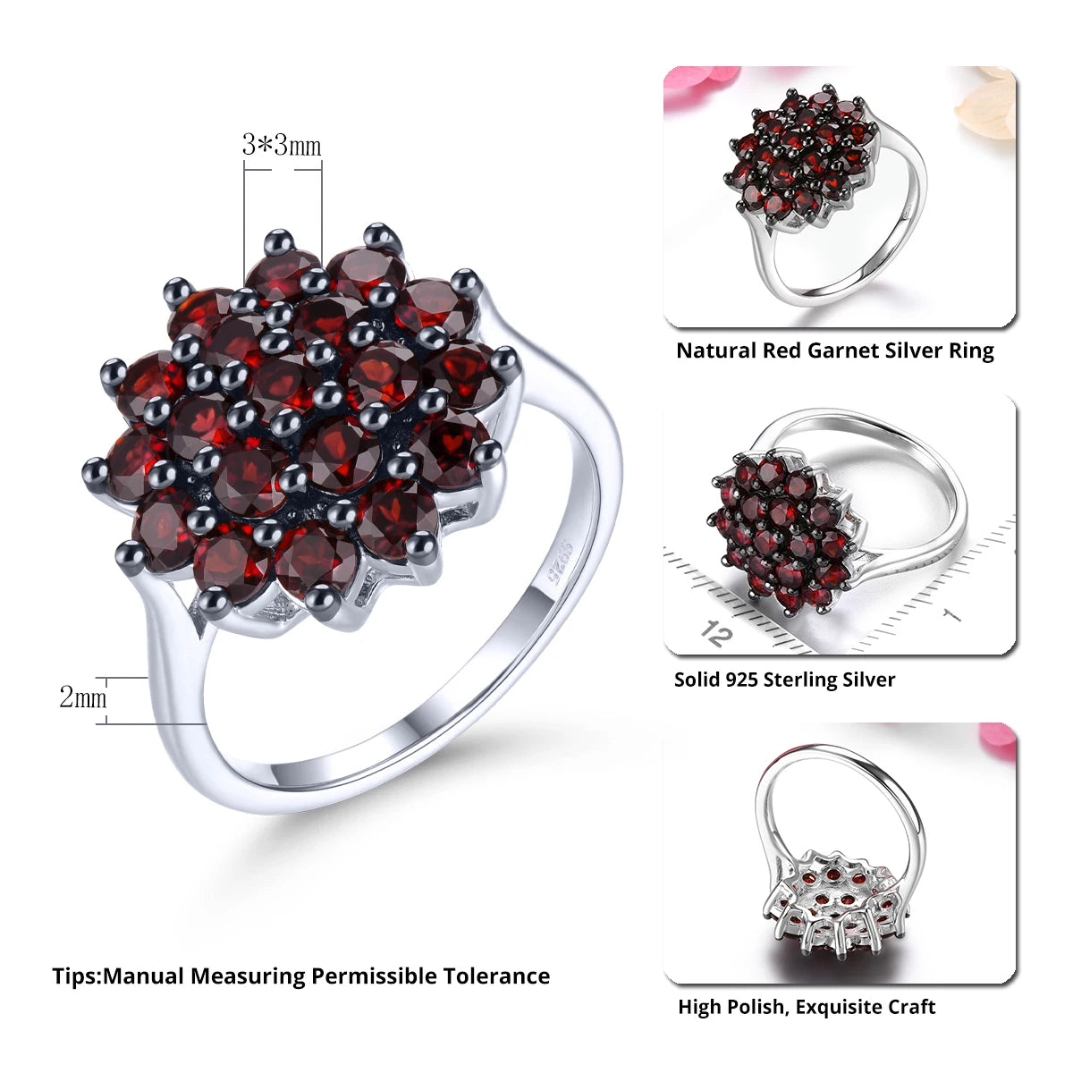 Natural Genuine Red Garnet Sterling Silver Rings 2.9 Carats Classic Elegant Fine Jewelrys Design Women Birthday Anniversary