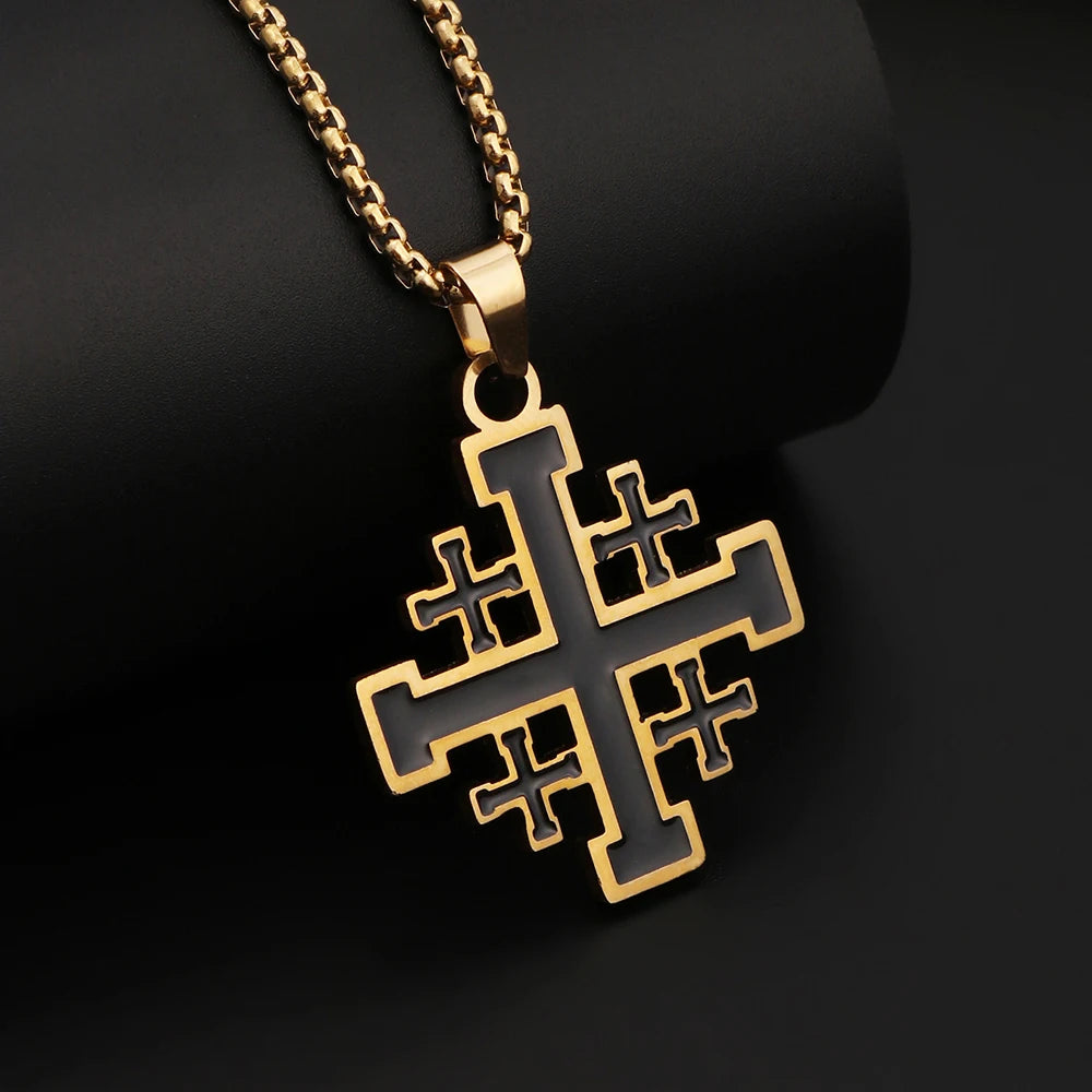 1PC Vintage Man's Durable Stainless Steel Jerusalem Crusader Templar Cross Necklace for Men Spiritual Jewelry