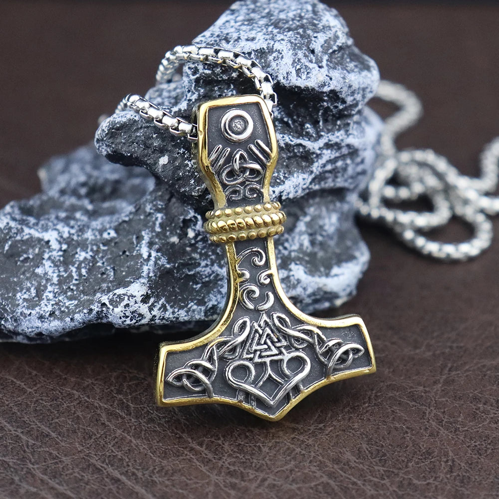Vintage Men Viking Thor's Hammer Pendant Classic Nordic Celtic Knot Necklace Stainless Steel Scandinavian Jewelry Gift