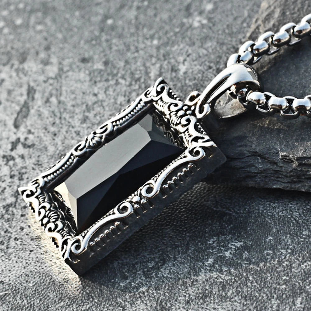 Fashion Popular Women Black Gemstone Necklaces Amulet Stainless Steel Classic Simple Party Pendant Chain Charm Jewelry