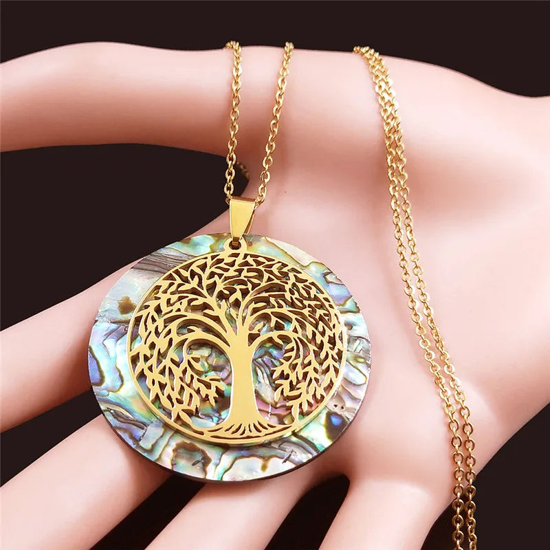 Tree of Life Stainless Steel Abalone Shell Natural Necklace Chain Gold Color Necklaces Mother Pearl Shell Boho Jewelry Collar NX
