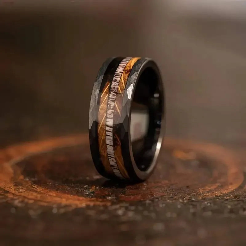 Fashion 8mm Rose Gold Color Stainless Steel Guitar String Rings for Men Koa Wood Inlay Ring Whiskey Barrel Mens Wedding Band