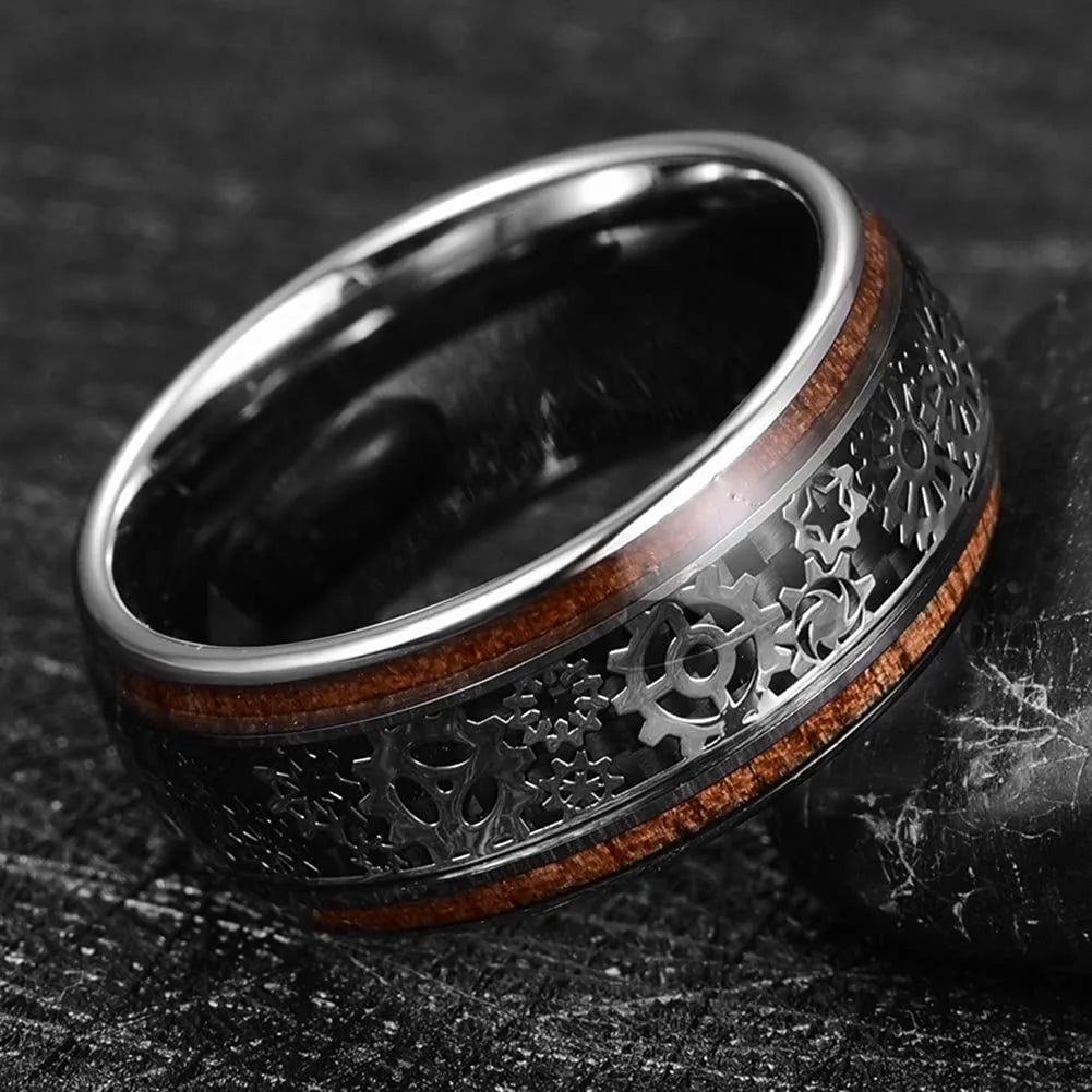 Fashion Steampunk Men Stainless Steel Gear Wheel Rings Inlay Blue Carbon Fiber Rings For Men Punk Wedding Jewelry Drop shipping