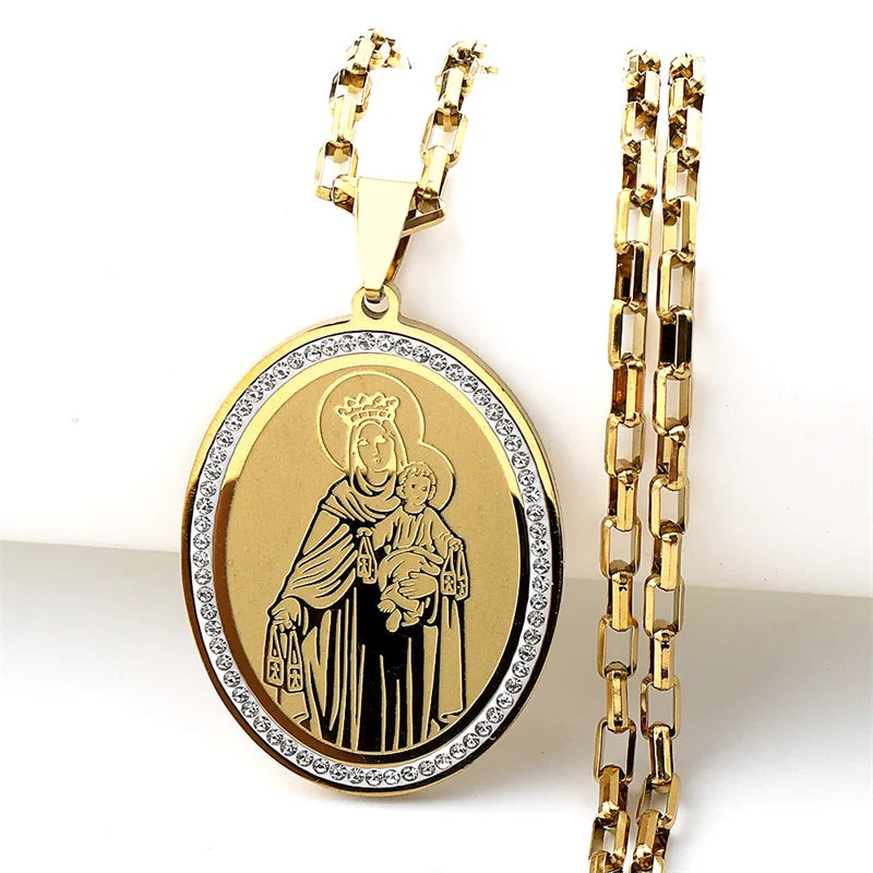 Virgin Mary Baby Jesus Pendant Necklace For Women Men Stainless Steel Rhinestones Gold Color Catholic Guadalupe Chain Jewelry