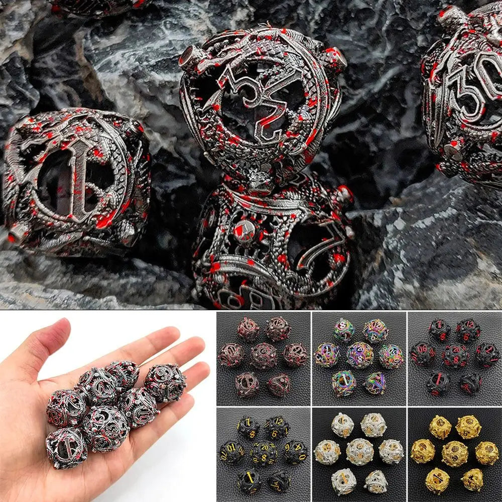 7Pcs Metal Hollow Dice Set Hollow Polyhedral Metal Dices Table Games Accessory For D&d DND D6 D8 D10 D12 D20