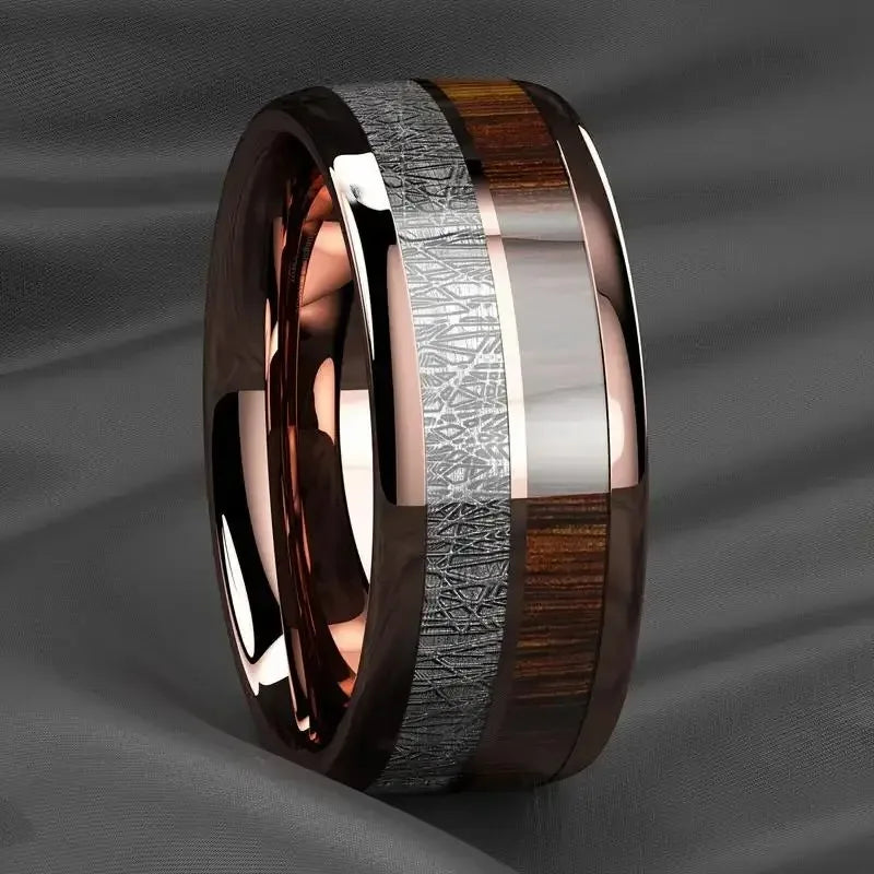 Fashion 8mm Silver Color Men Stainless Steel Rings, Pink Rose Abalone Shell Meteorite Inlay Rings for Men Women, Wedding Jewelry