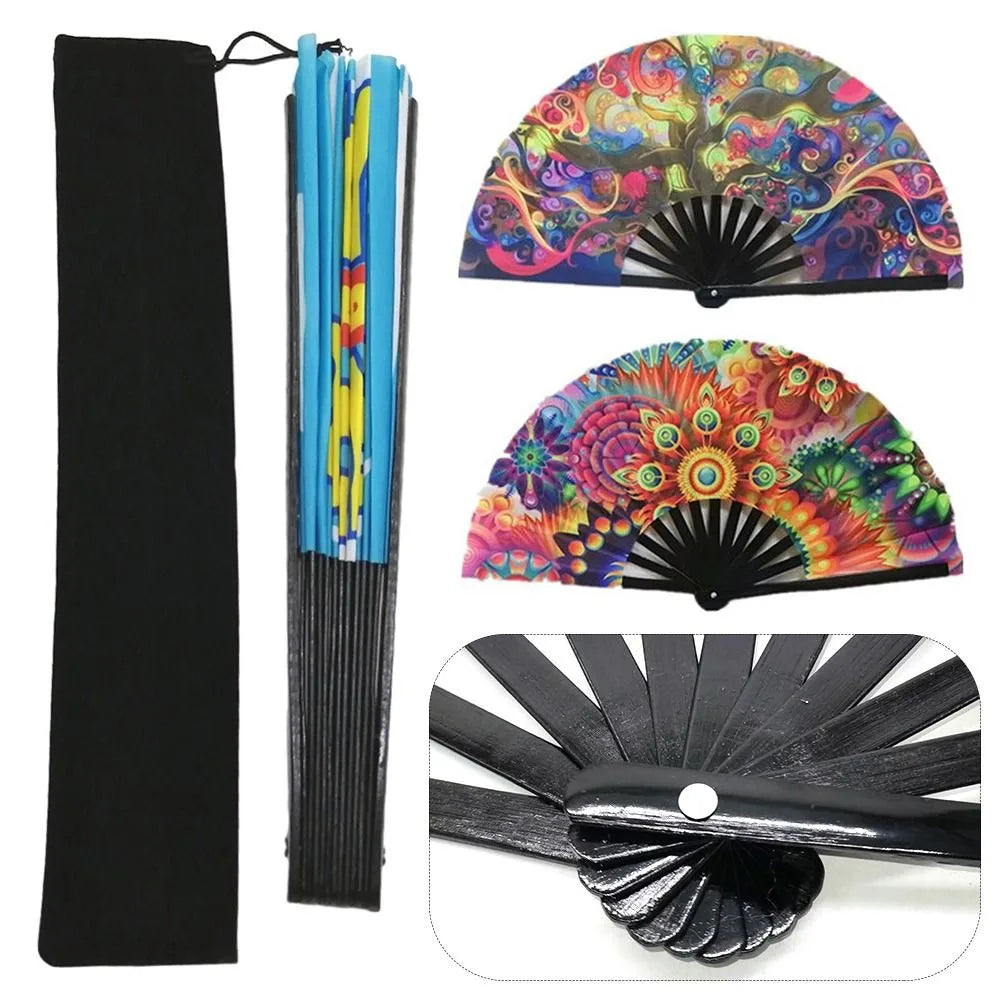 Carnival Festival Hand Stain Fan Large Bamboo Silk Folding FanCool Reflective Fan Printing Fan Satin Bamboo Bone