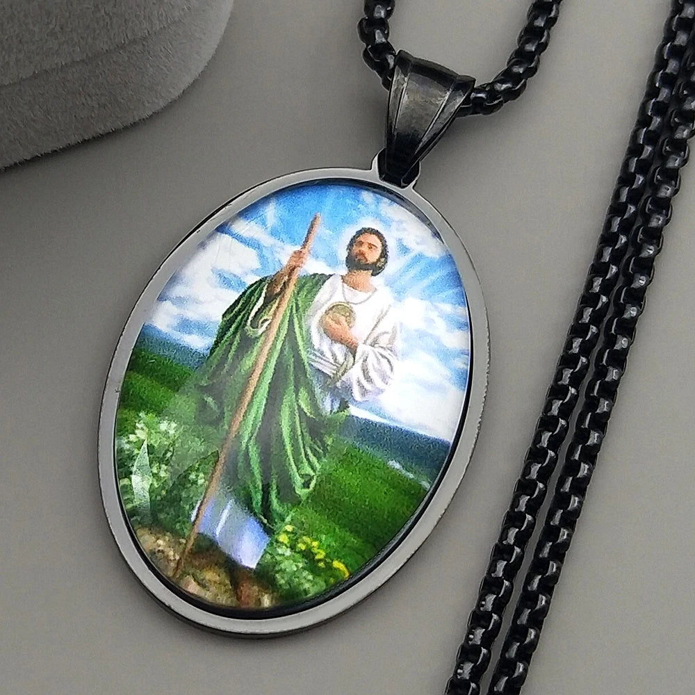Christian San Judas Tadeo Glass Medal Pendant Necklace for Women Men Stainless Steel Gold Color Saint Jude Amulet Jewelry Gift
