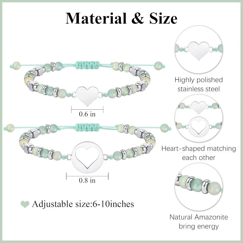 Natural Amazonite Stainless Steel Heart Mother Daughter Bracelets Set Jewelry for Women, Mothers Day Gifts for Mom/Daughter