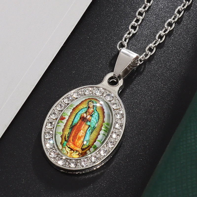 Classic Catholic Virgin Mary Square Pendant Necklace for Men Women Christian Religious Prayer Amulets Jewelry Gifts