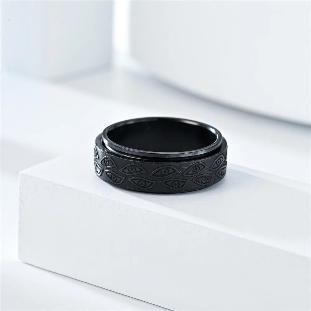 Stainless Steel Spinner Rings For Men Carved Demon Eye Rotatable Fidget Joint Ring Jewelry Bague Homme