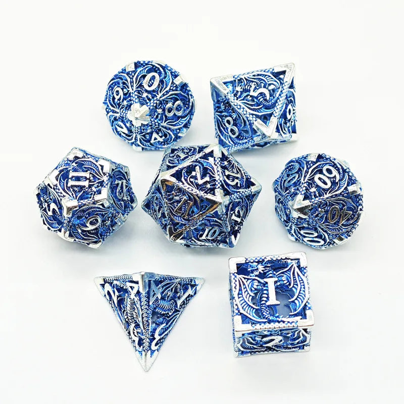 Hollow Metal Dice Set, 7PCS DND Dice set, polyhedral dice Set with box for Dungeons and Dragons RPG Role Playing Gaming Dice Blue Silver giftbox