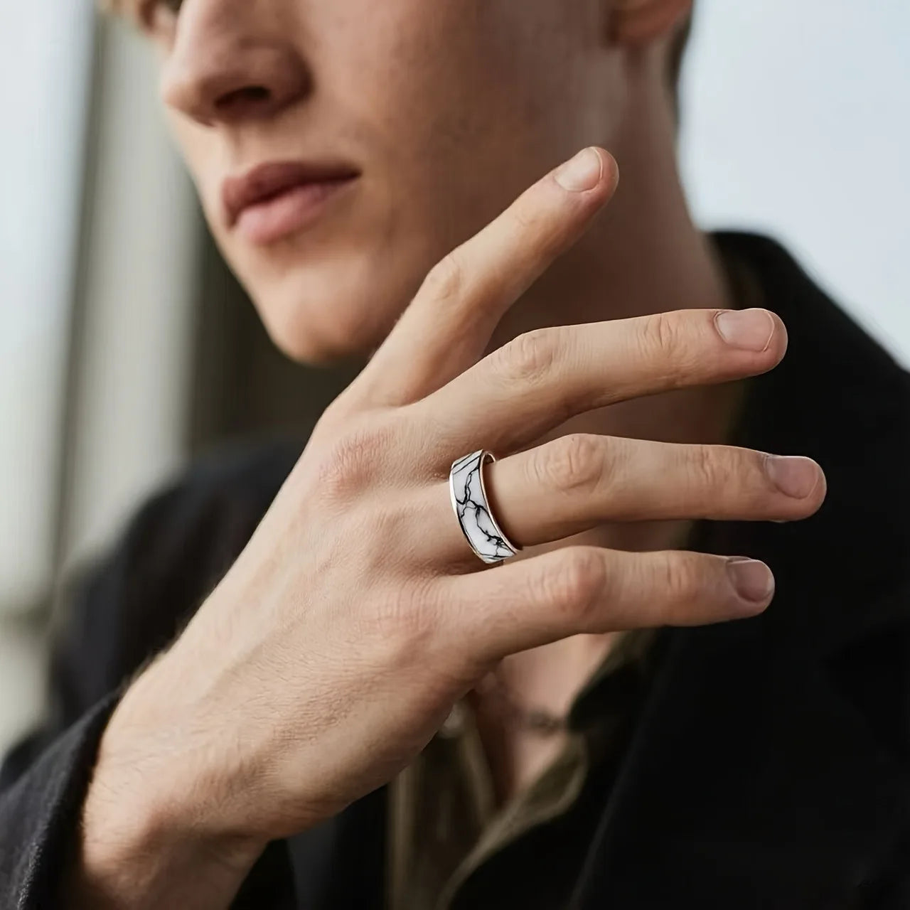 With Marble Pattern Inlay Fashion 8mm Silver Color Men Stainless Steel Rings for Men Wedding Band Jewelry Gift Drop Shipping