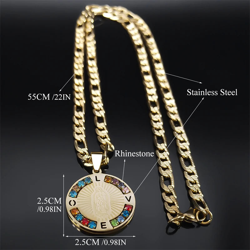 Virgin Mary Love Colorful Crystal Necklace Women Men Stainless Steel Gold Color Our Lady of Guadalupe Necklaces Jewelry N8389S05