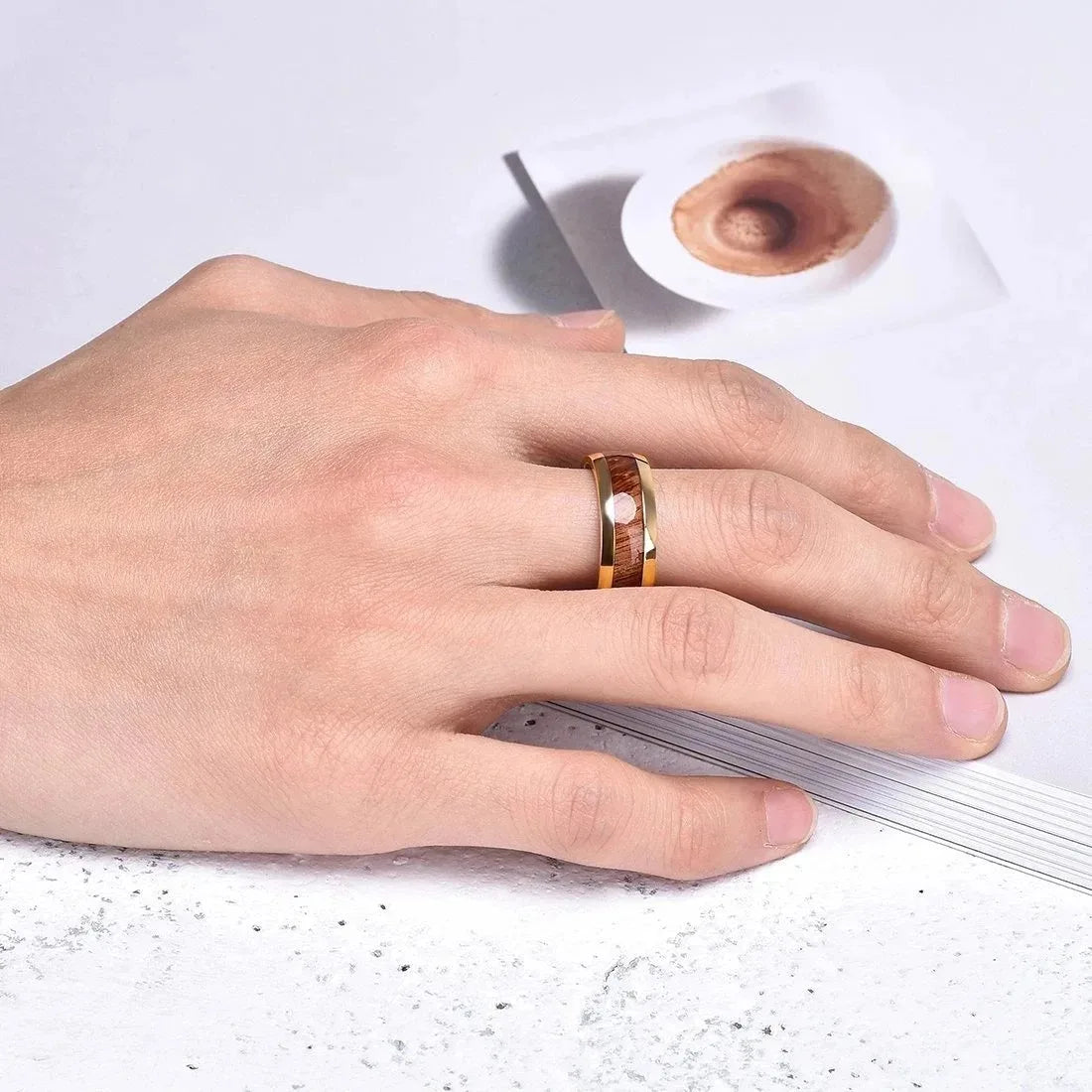 Fashion Koa Wood Inlay Rings 8MM Gold Color Men Stainless Steel Rings For Men Women Domed Wedding Engagement Jewelry Gift