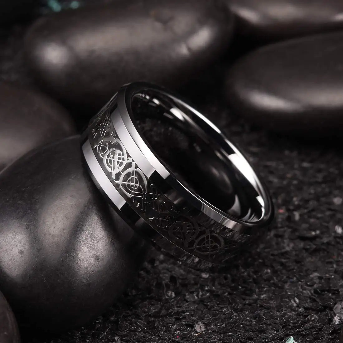Fashio Men Rings Black Titanium Stainless Steel Rings For Men Women Brick Pattern Finish Beveled Edge Wedding Ring Party Jewelry