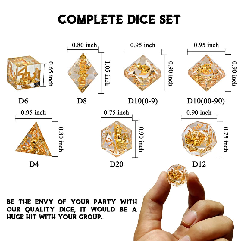 DND Dice Set Transparent Resin Sharp Edge Filled with Lucky Horseshoe & Glitter Inside - 7 Polyhedral Gaming Dice for Borad Game