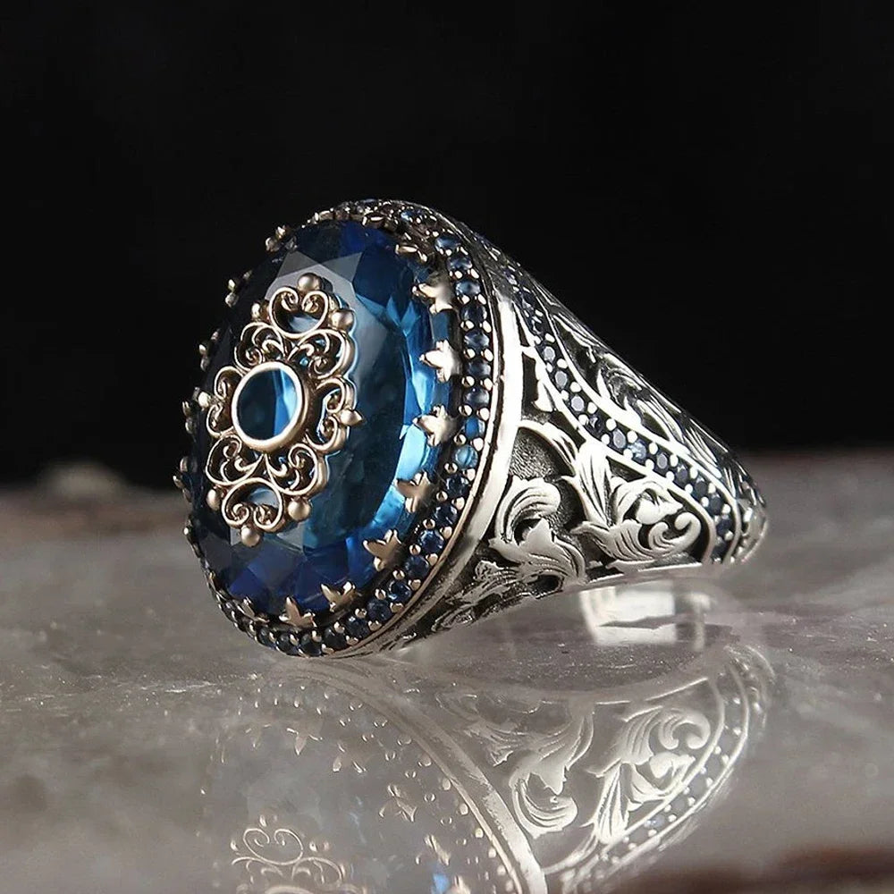 New Retro Handmade Turkish Rings for Men Vintage Double Swords Black Zircon Rings Punk 2024 Trendy Islamic Religious Muslim