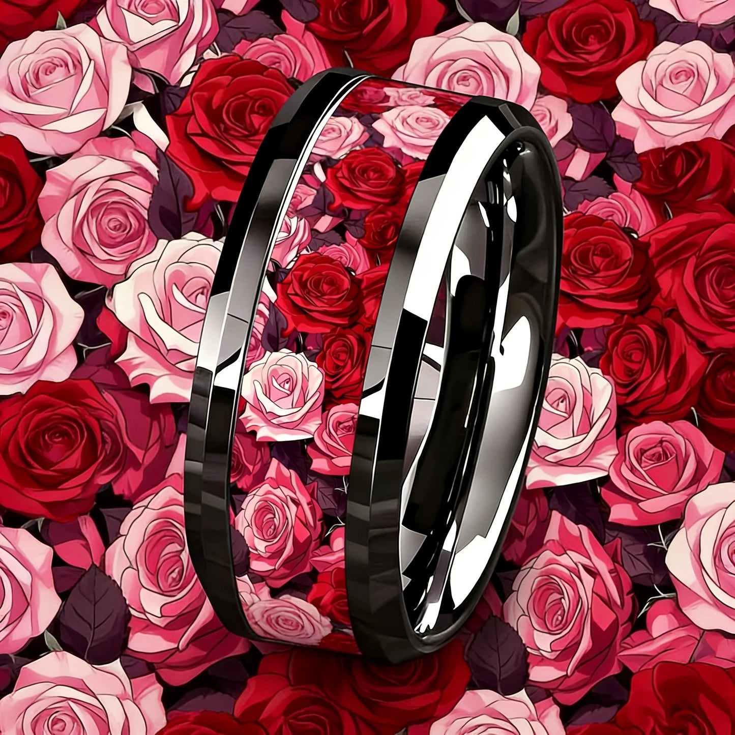 Romantic Men's Stainless Steel Rings With Red Pink Rose Flower Parrern Inlay Ring For Wedding Jewelry Valentine's Day Gifts