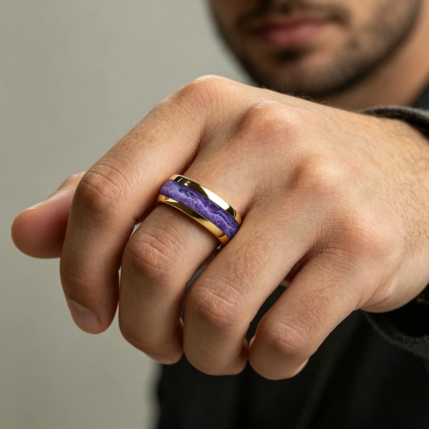 WitPurple Agate Stone Inlay Fashion Men's Stainless Steel Rings Jewelry Suitable for Daily Wear, Gift for Him Non-Fade