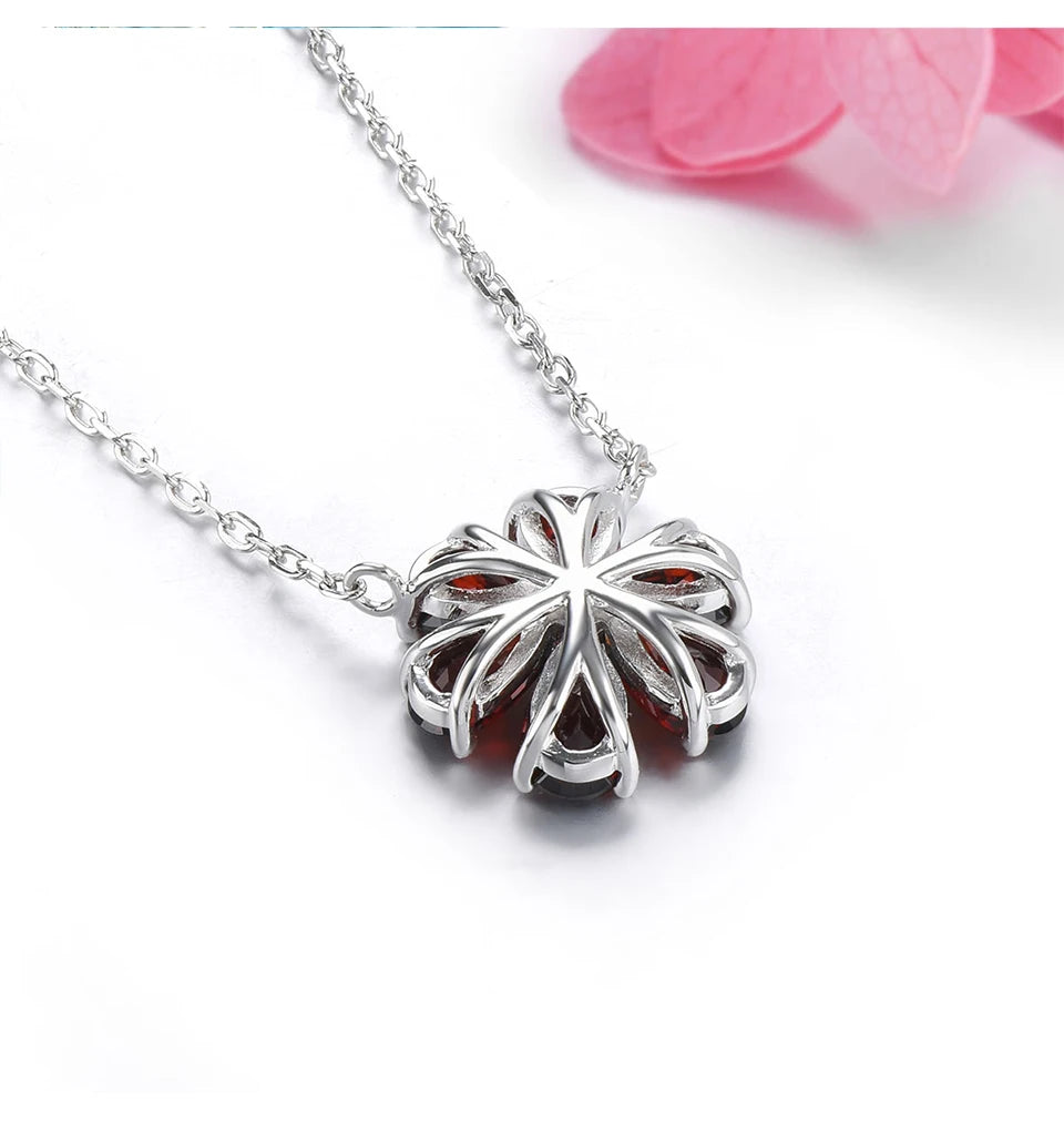 Natural Red Garnet Solid Sterling Silver Necklace 2.68 Carats Genuine Birthstone Romantic Flower Design S925 Fine Jewelry Gifts