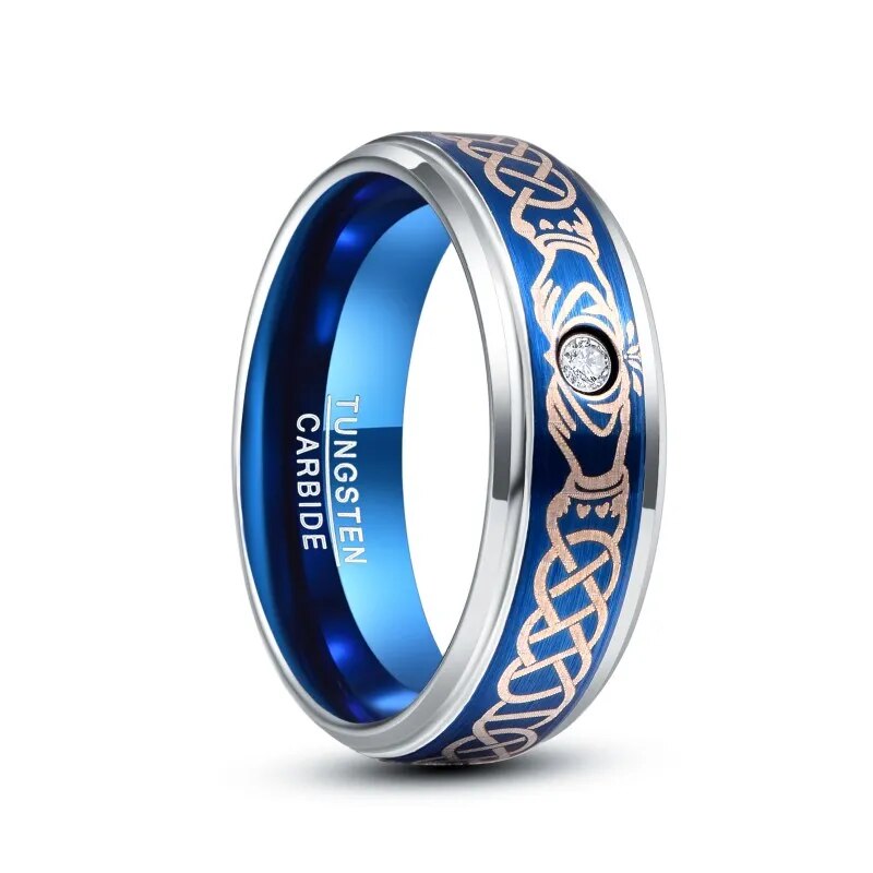 Bonlavie 8mm Electroplated Blue Laser Knot Set Blue Zircon Tungsten Steel Ring For Men Wedding Band Carbon Fiber Men Rings Gift White